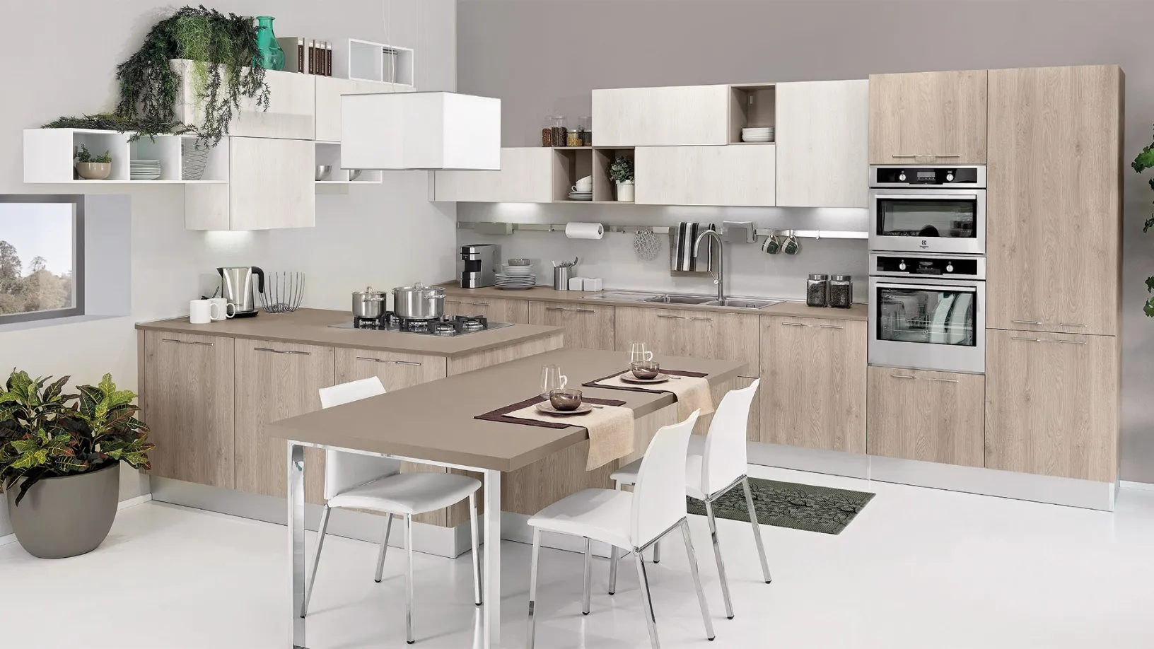 Cucina Moderna con penisola Kyra 04 finitura Rovere Cipria e Bianco spazzolato di Creo